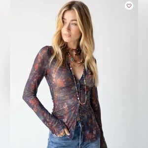 Natural Life Carina Mesh Floral Ruched Top Long Sleeve Button Front Size Large